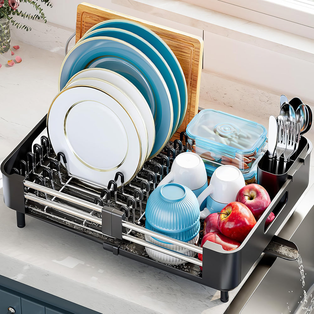 Stainless Steel Dish Drying Rack with Extendable Drainboard and Utensil Holder
