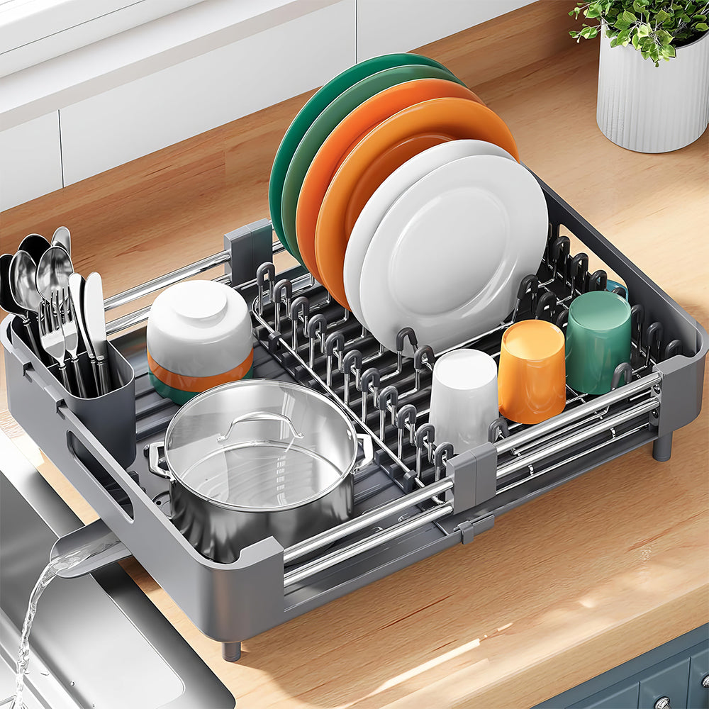 Extendable Dish Drying Rack with Drainboard and Cutlery Holder Foldable Design