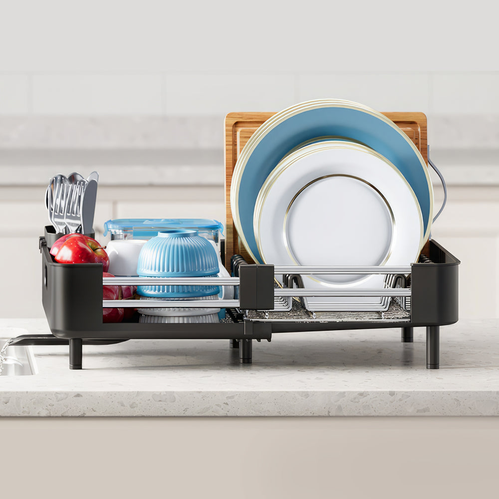 Stainless Steel Dish Drying Rack with Extendable Drainboard and Utensil Holder