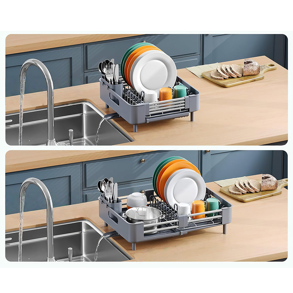 Extendable Dish Drying Rack with Drainboard and Cutlery Holder Foldable Design