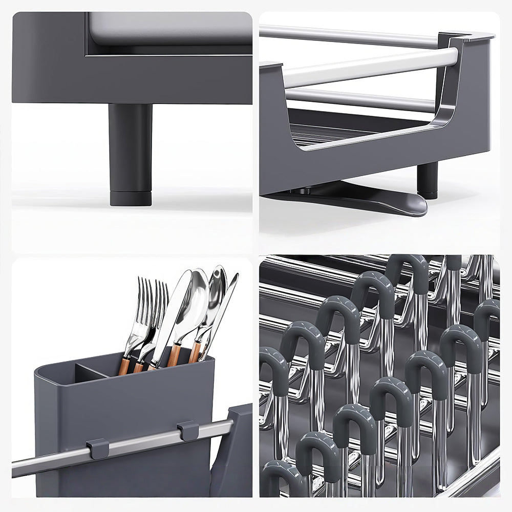 Extendable Dish Drying Rack with Drainboard and Cutlery Holder Foldable Design