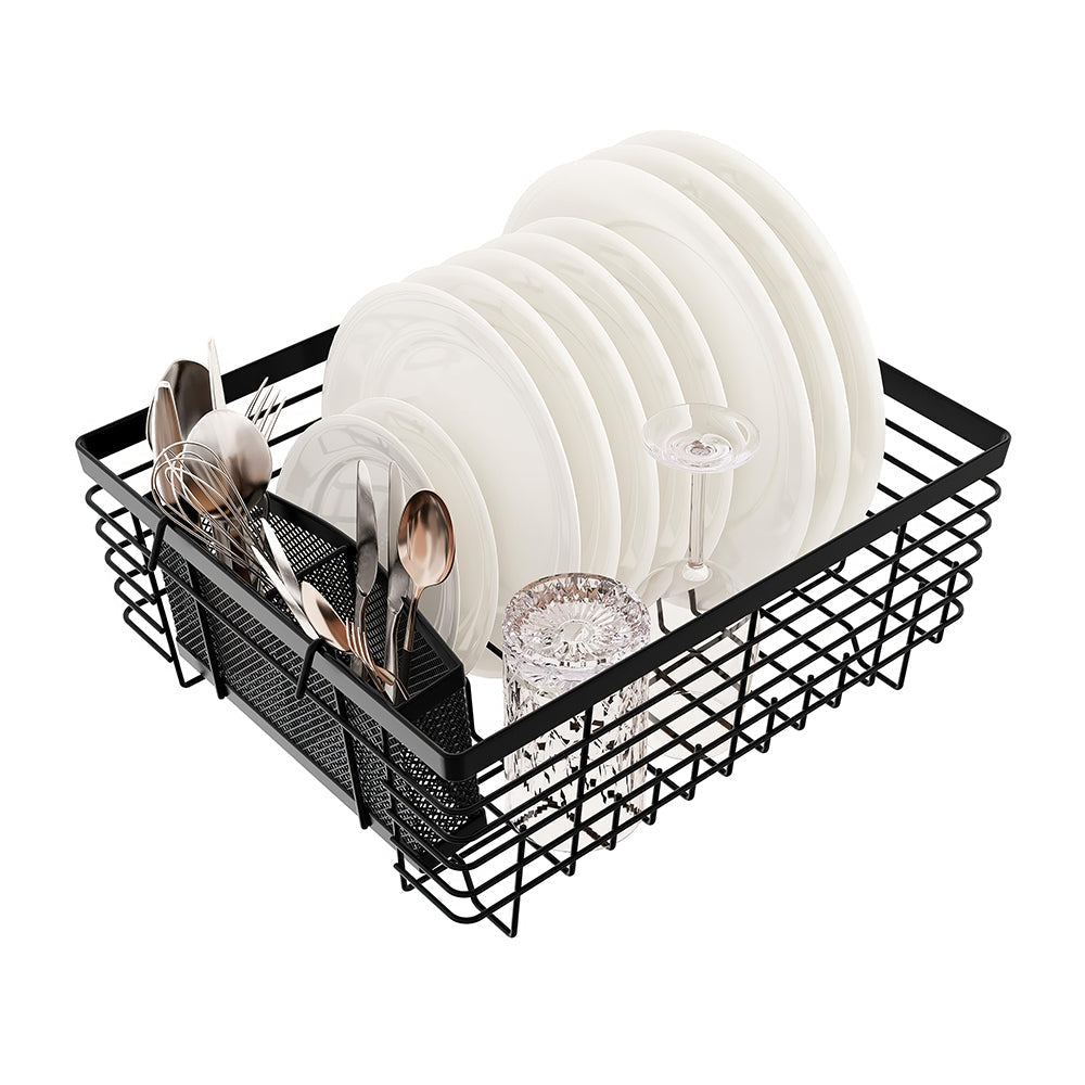 Kitchen Dish Drainer Rack with Drying Board and Full Mesh Silverware Utensils Holder