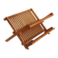 2 Tier Foldable Teak Dish Drying Rack Collapsible Wooden Plate Organizer