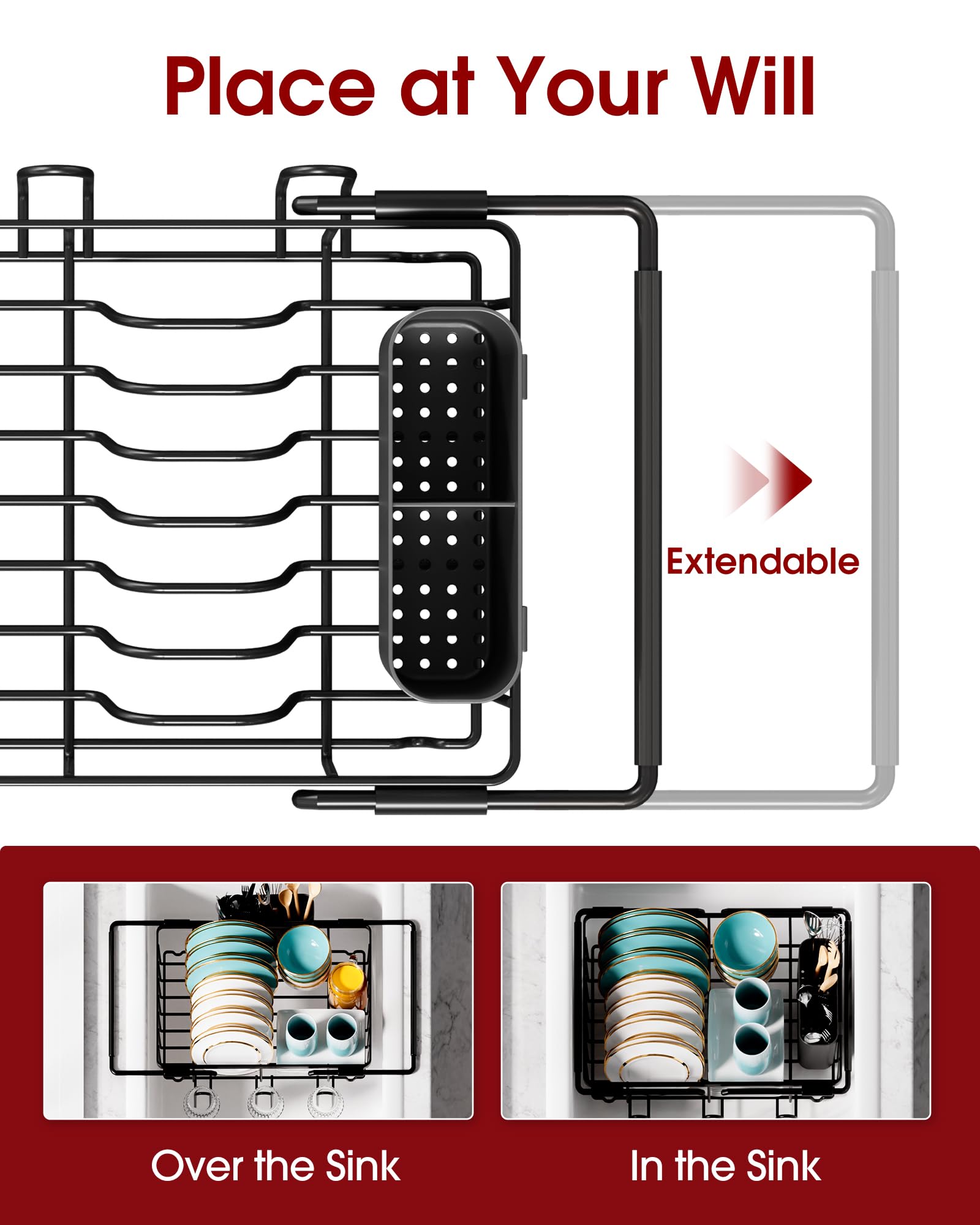 Expandable Stainless Steel Dish Drying Rack for Kitchen Sink with Utensil and Cup Holders Black