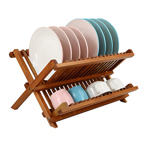 2 Tier Foldable Teak Dish Drying Rack Collapsible Wooden Plate Organizer