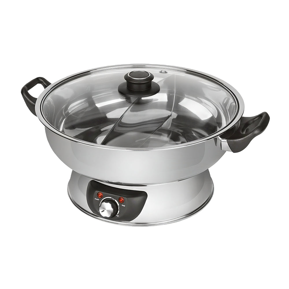 Stainless Steel Hot Pot, 5 Quart, Dual Compartments, 1500W, Silver