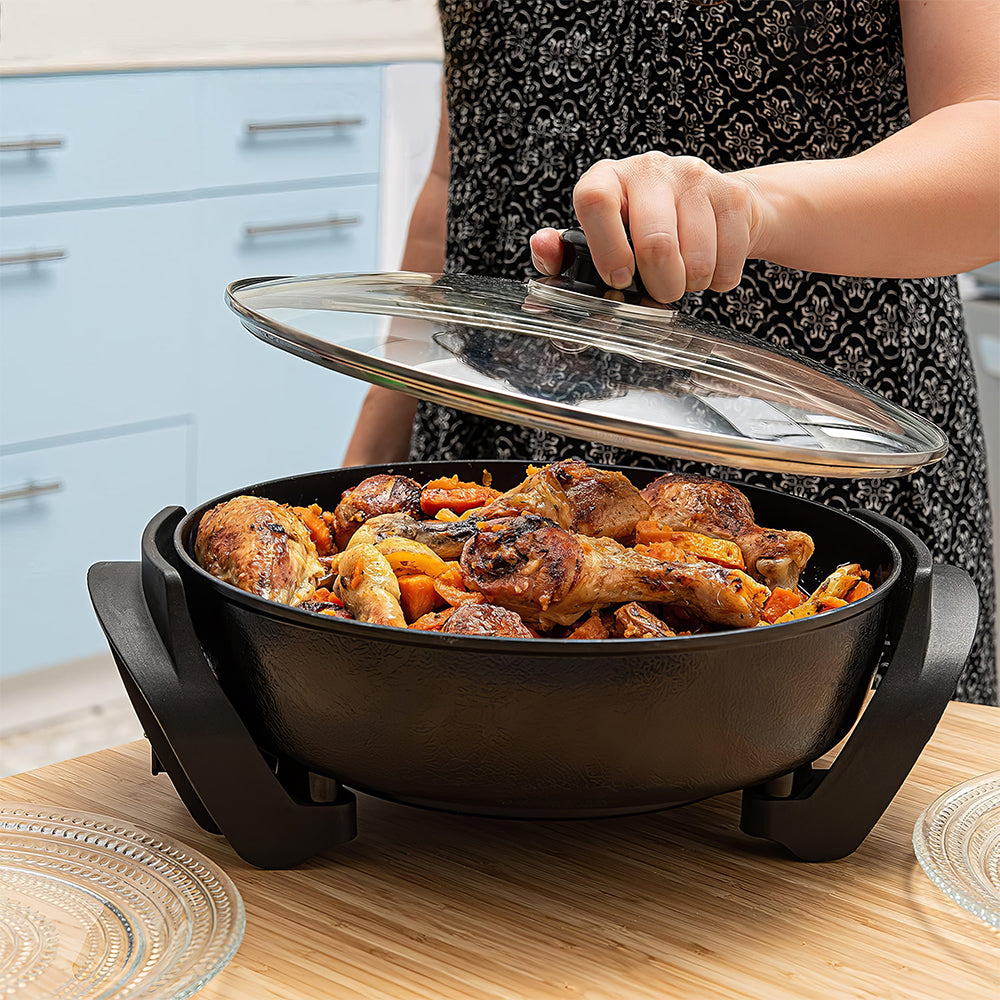 12" Round Electric Skillet, 5Qt Nonstick Pan, Adjustable Temp, Lid