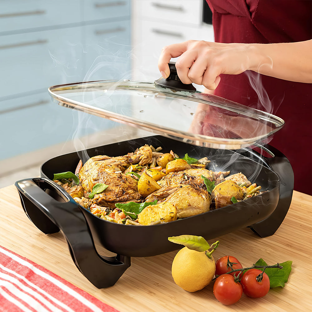 12" Round Electric Skillet, 5Qt Nonstick Pan, Adjustable Temp, Lid