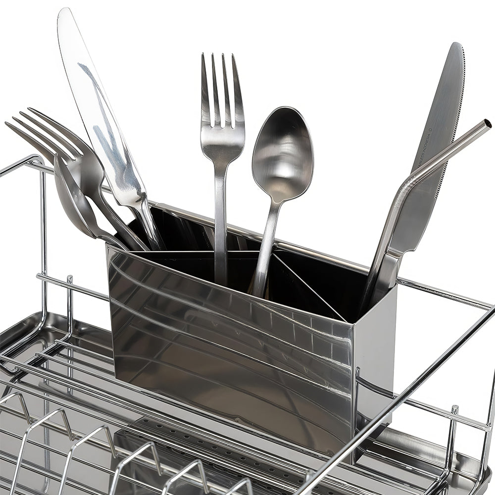 3 Piece Chrome Dish Drying Rack with Drain Tray and Cutlery Holder Countertop