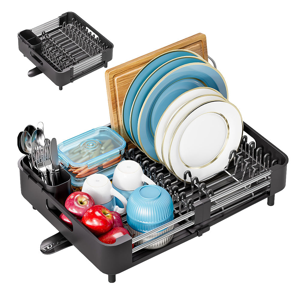 Stainless Steel Dish Drying Rack with Extendable Drainboard and Utensil Holder