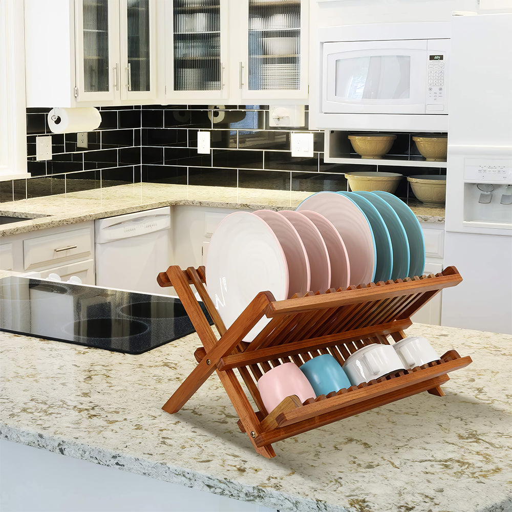 2 Tier Foldable Teak Dish Drying Rack Collapsible Wooden Plate Organizer