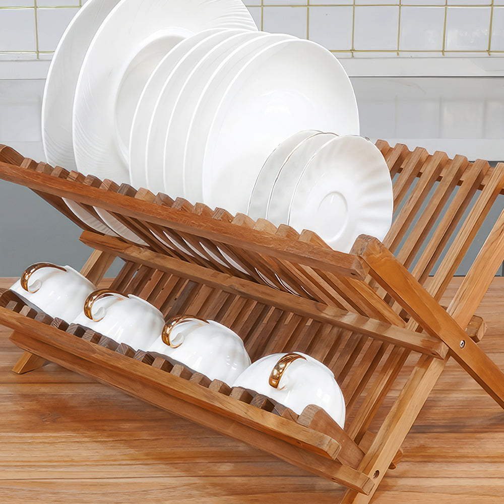 2 Tier Foldable Teak Dish Drying Rack Collapsible Wooden Plate Organizer
