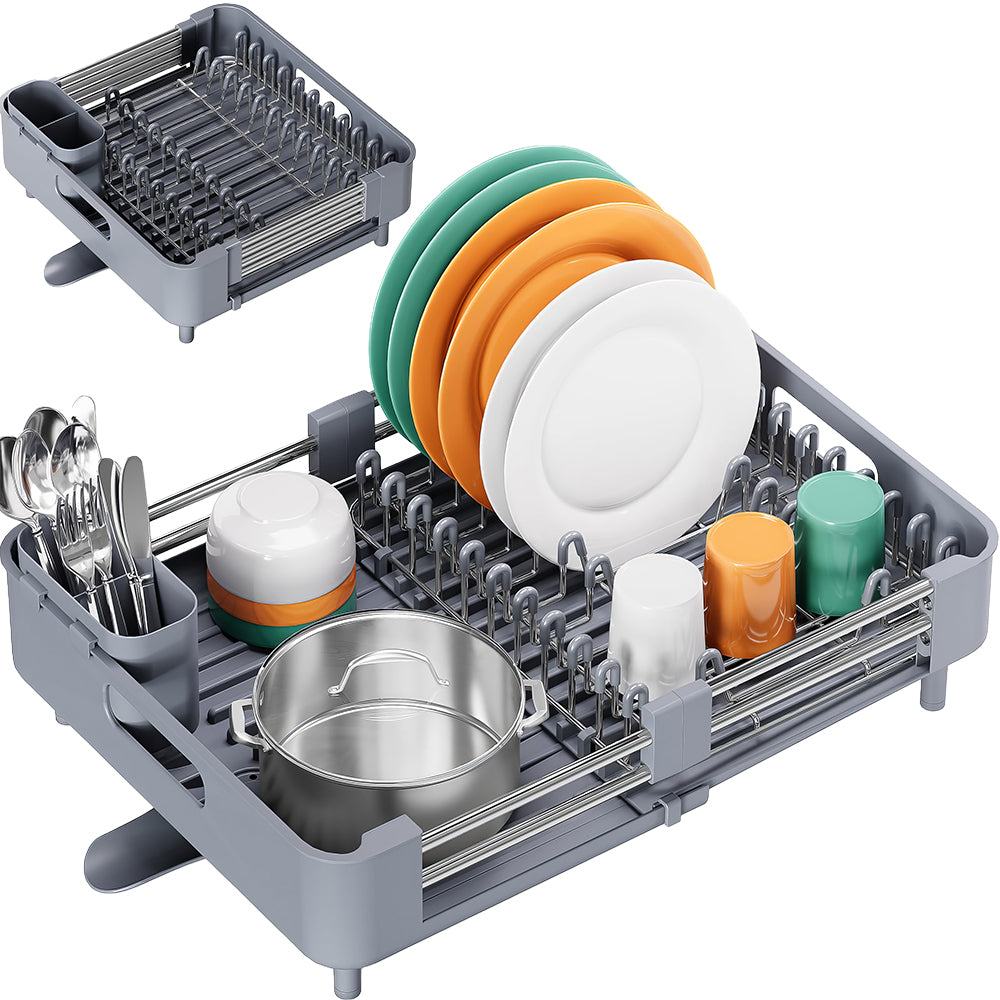 Extendable Dish Drying Rack with Drainboard and Cutlery Holder Foldable Design
