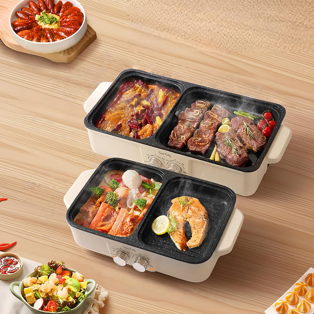 2-in-1 Electric Hot Pot & Smokeless Grill, Nonstick BBQ Pot, 1360W