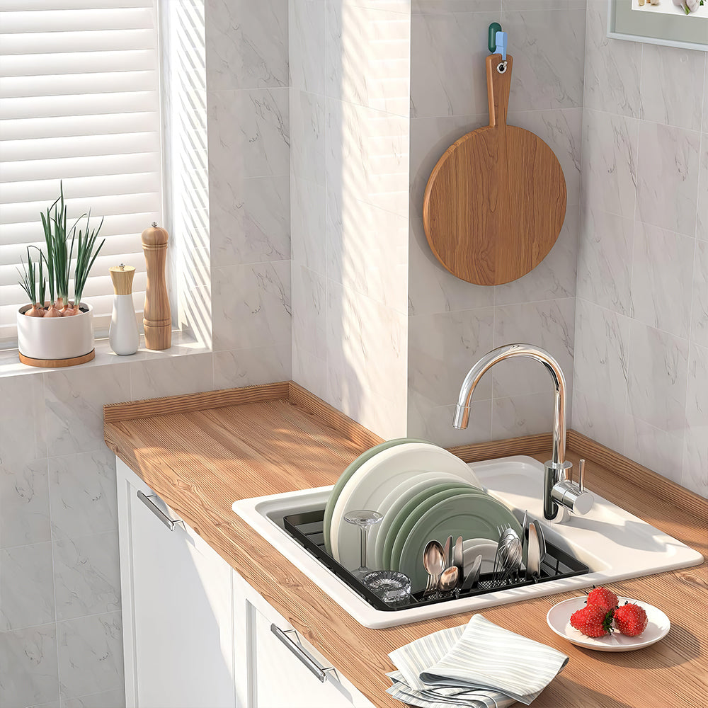 Kitchen Dish Drainer Rack with Drying Board and Full Mesh Silverware Utensils Holder
