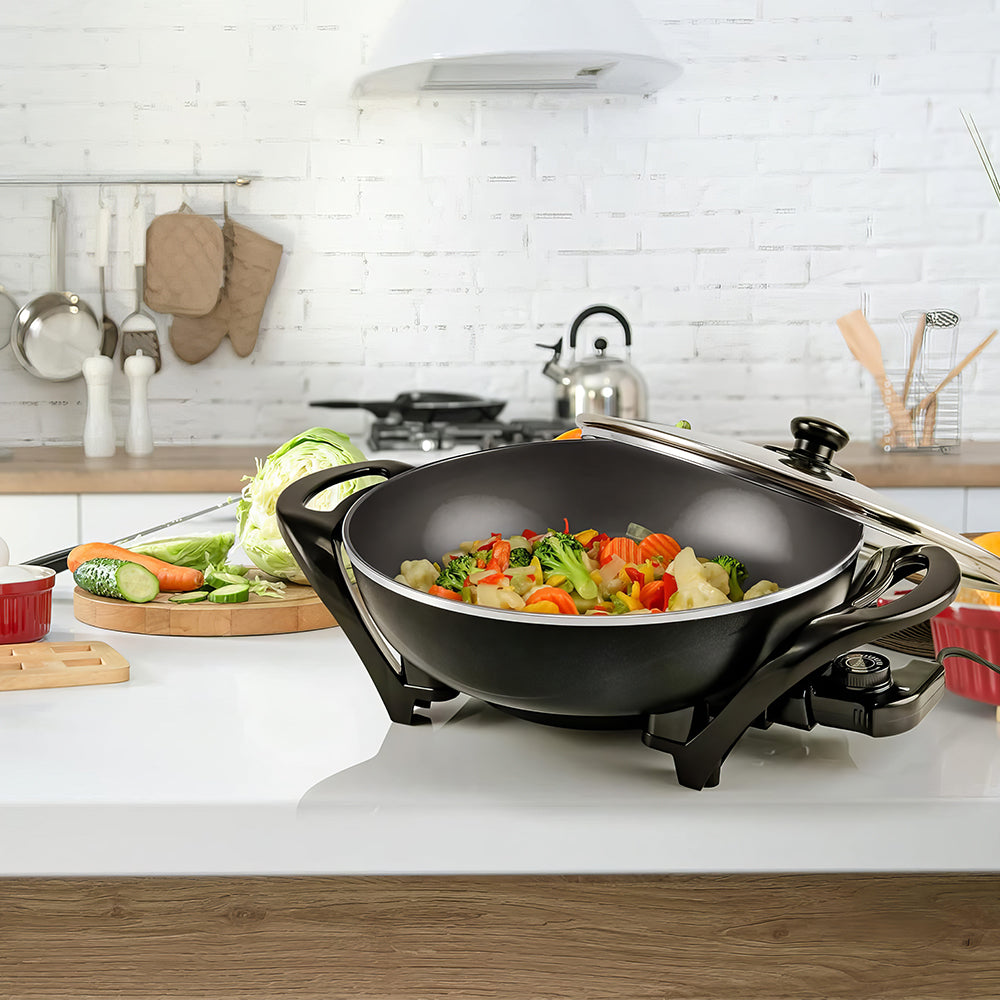 12" Electric Skillet with Nonstick Coating, 1400W, Adjustable Temp, Glass Lid