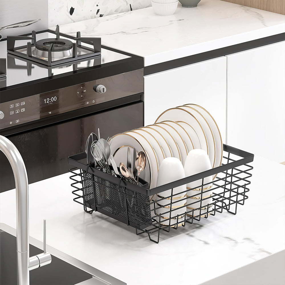 Kitchen Dish Drainer Rack with Drying Board and Full Mesh Silverware Utensils Holder