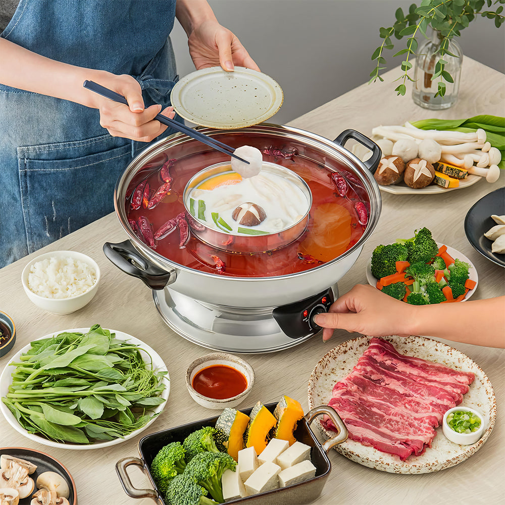 Stainless Steel Hot Pot, 5 Quart, Dual Compartments, 1500W, Silver