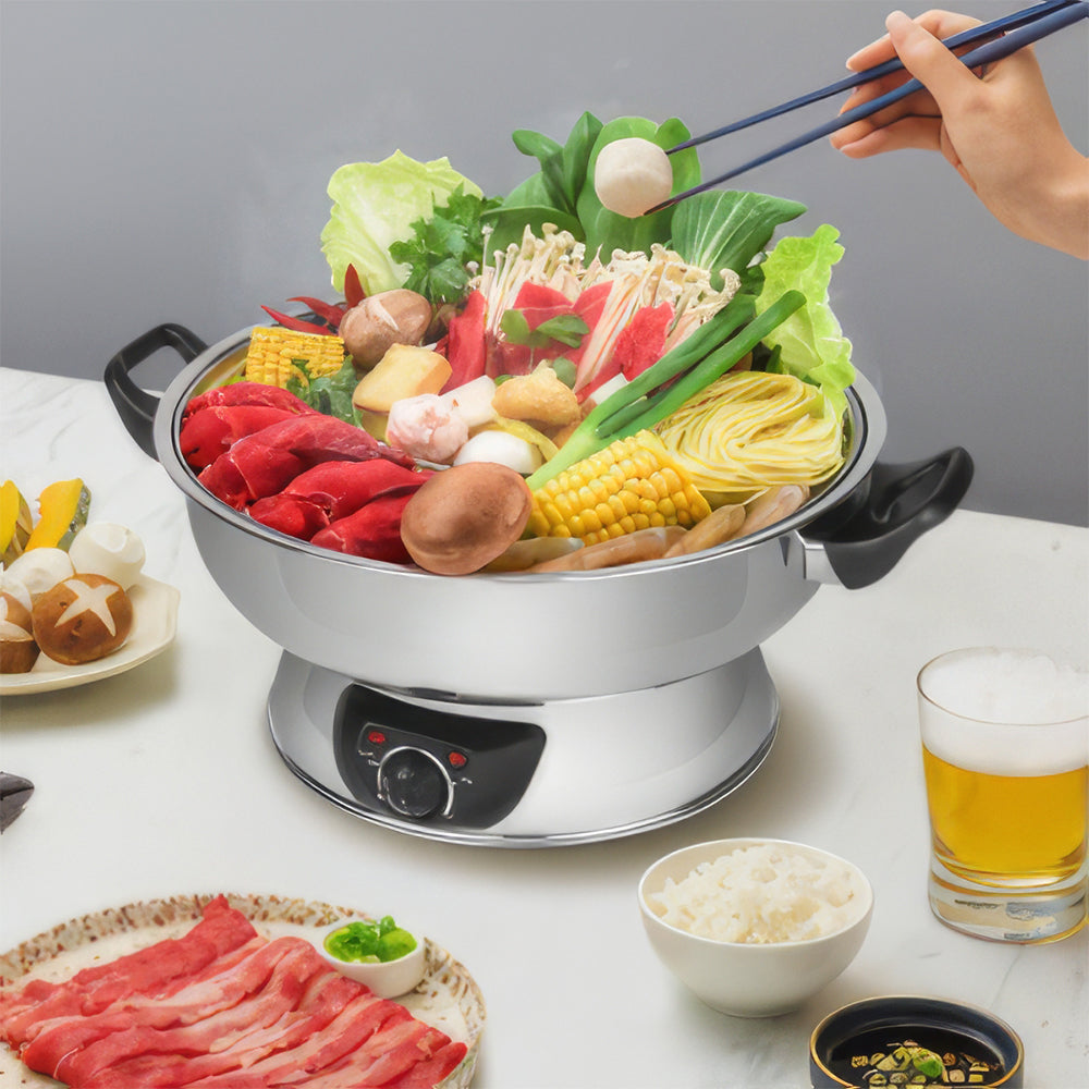 Stainless Steel Hot Pot, 5 Quart, Dual Compartments, 1500W, Silver